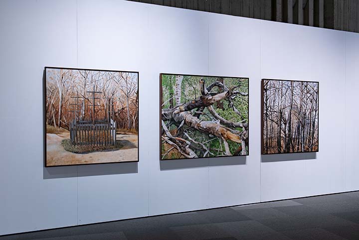 David Garneau, Consider the Sacred Wood (for Bob Boyer), 2004, Oil on canvas, Indigenous Art Collection, Crown-Indigenous Relations and Northern Affairs Canada. Photo: Dave Brown, LCR PhotoServices.